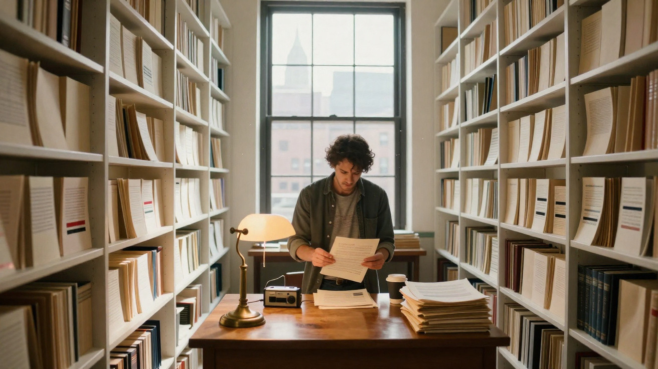Homem a ler documentos numa biblioteca entre estantes cheias de livros e pastas.