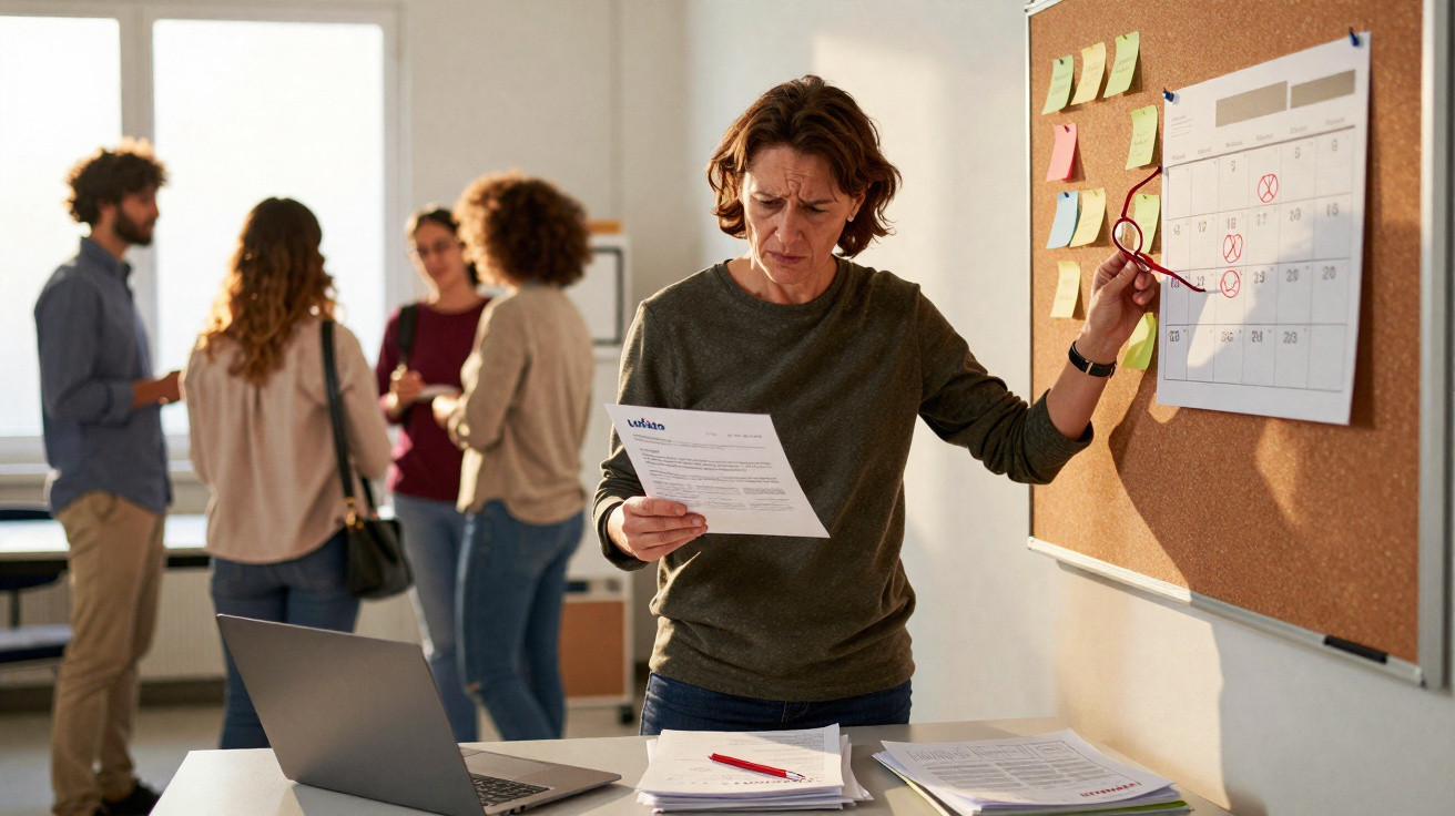 Mulher concentrada a analisar documento perto de quadro com calendário, enquanto grupo conversa ao fundo num escritório.