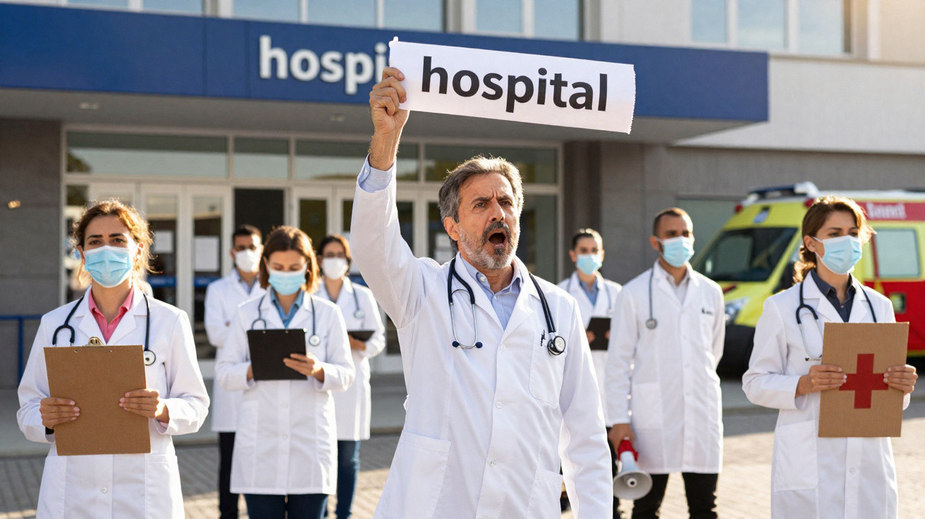 Grupo de médicos de máscara protestam em frente a hospital, com um homem segurando placa escrita "hospital".