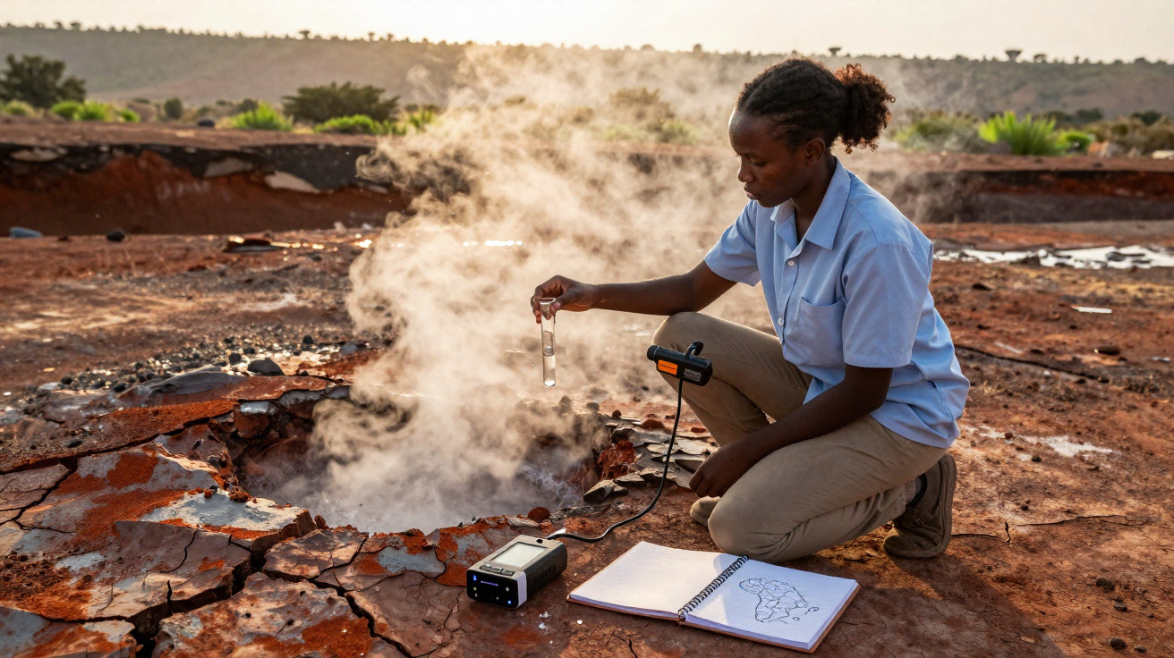 Mulher com equipamento científico analisa fumarola em solo árido com caderno aberto ao lado.