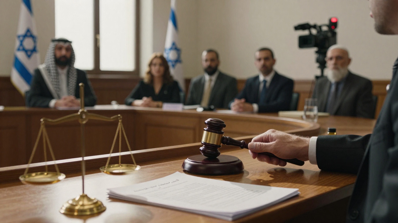 Juiz a bater o martelo numa audiência com cinco pessoas e bandeiras de Israel ao fundo.
