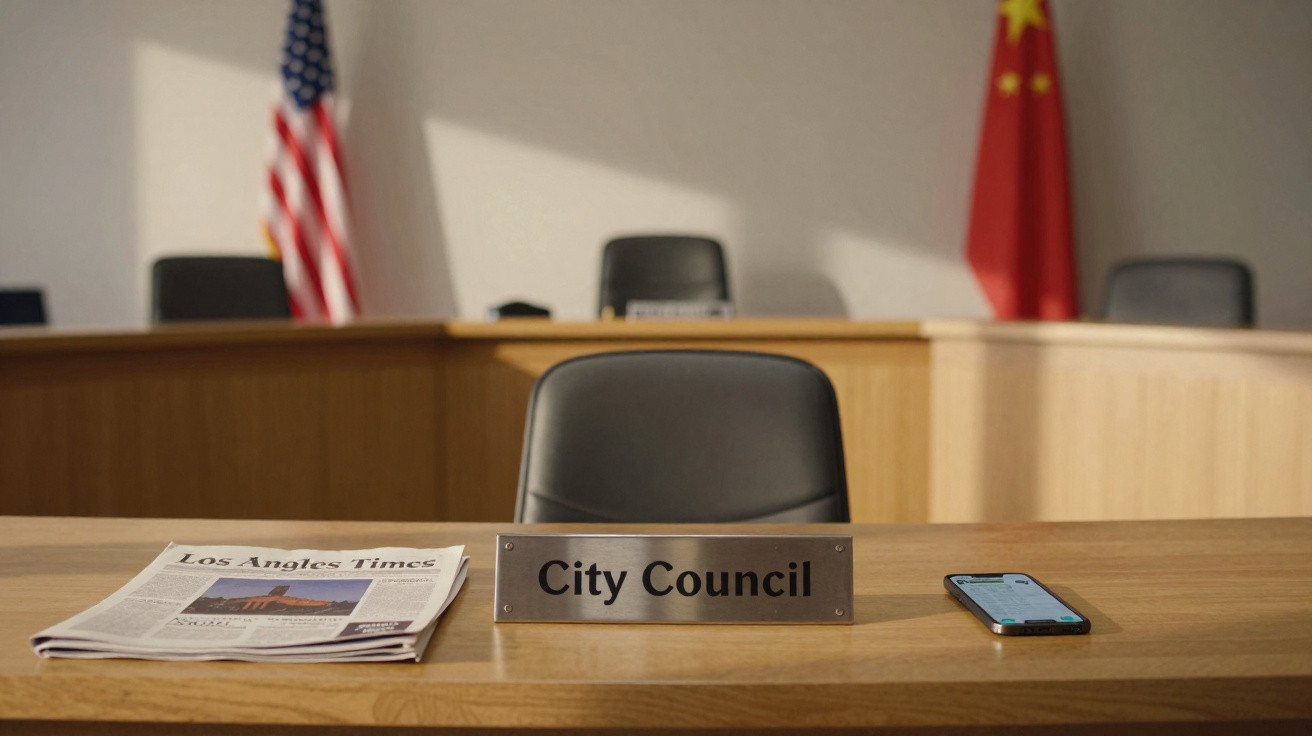 Mesa do conselho municipal com jornal, telemóvel, cadeiras e bandeiras dos EUA e China ao fundo.