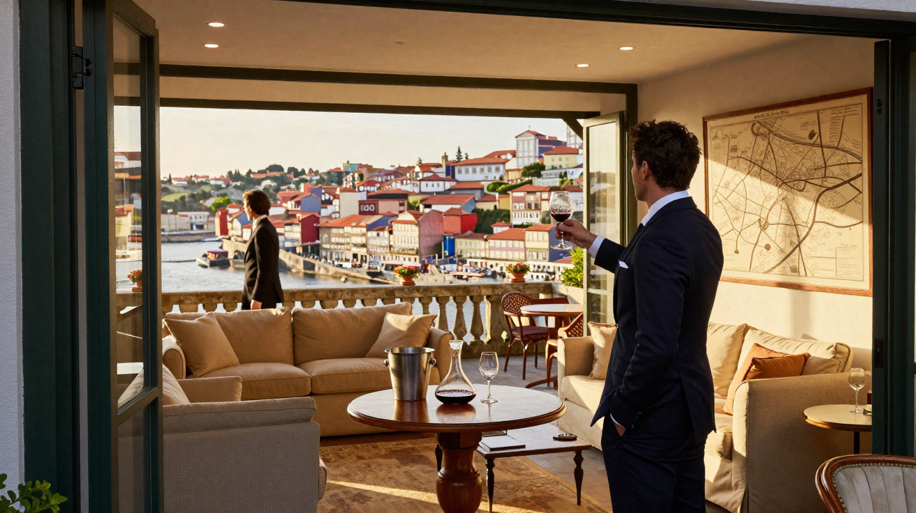 Homem de fato a segurar copo de vinho com vista sobre rio e casas coloridas ao pôr do sol.