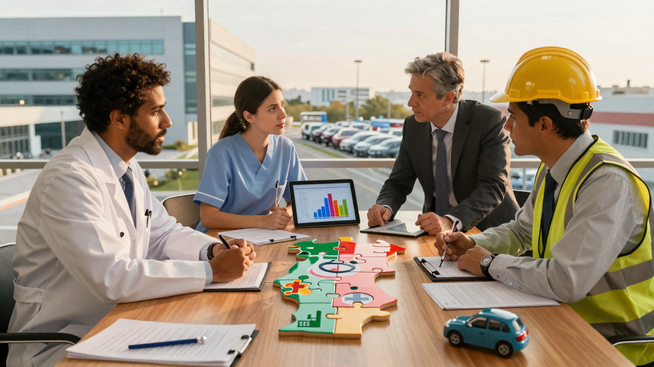 Equipa multidisciplinar em reunião, com gráficos e peças de puzzle no centro da mesa numa sala iluminada.