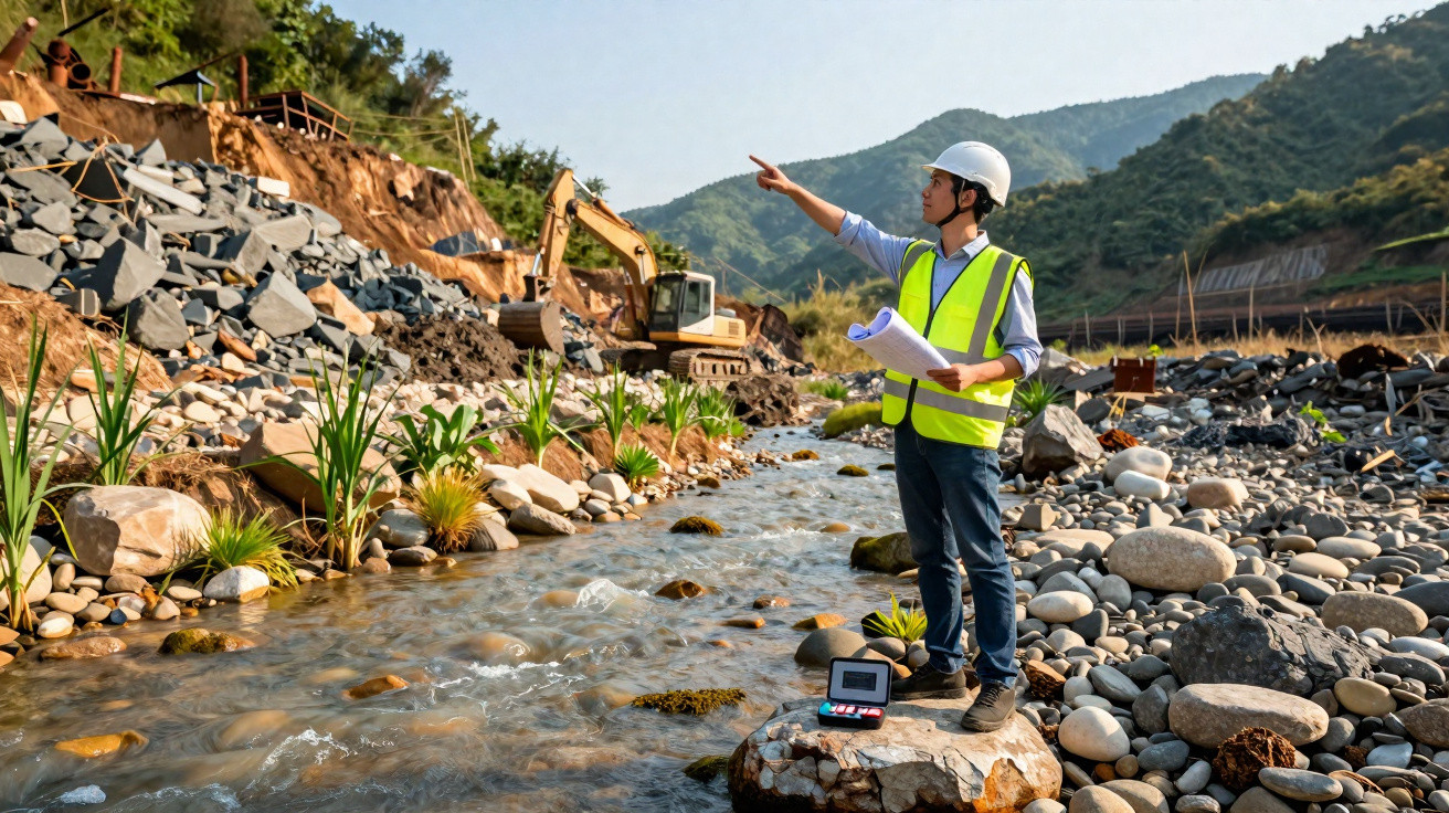 Engenheiro ambiental a monitorizar a qualidade da água num rio com colete refletor e capacete.