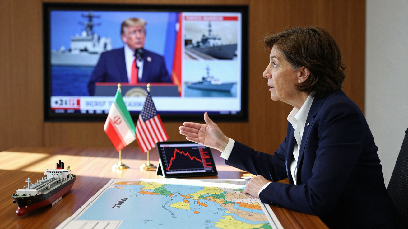 Mulher em reunião com mapa, barco em miniatura e bandeiras do Irão e EUA, com Trump na televisão ao fundo.