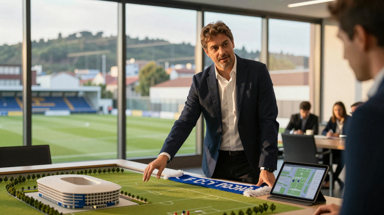 Homem em fato apresenta maquete de estádio de futebol durante reunião com vista para campo ao fundo.