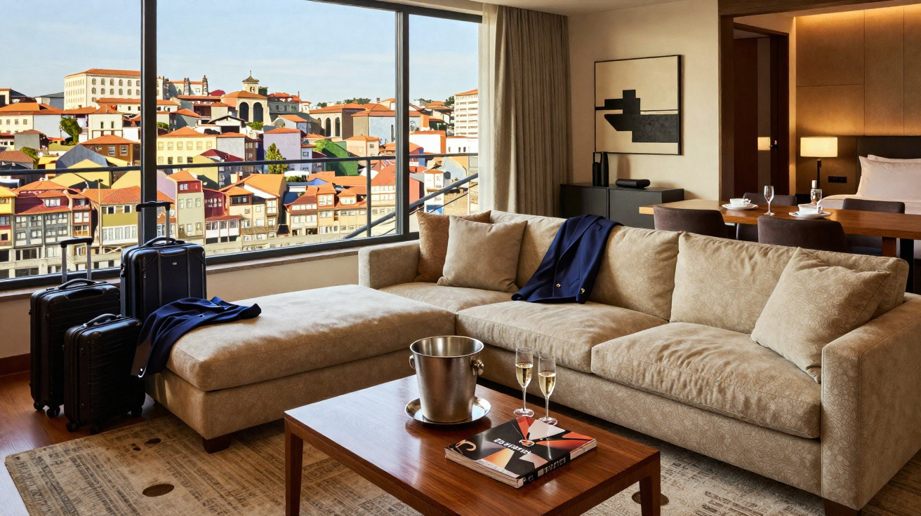 Sala de estar moderna com sofá bege, mesa de centro com espumante, e vista panorâmica de cidade colorida.