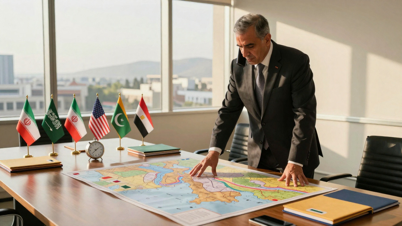 Homem de terno analisa mapa sobre mesa de escritório com pequenas bandeiras de vários países.