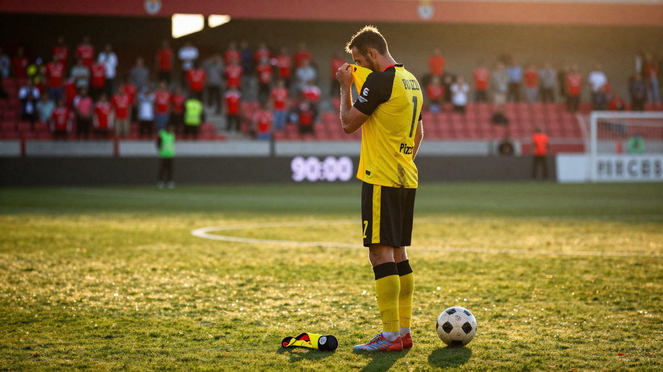 Jogador de futebol com camisola amarela e preta mostra frustração no relvado após jogo terminado.