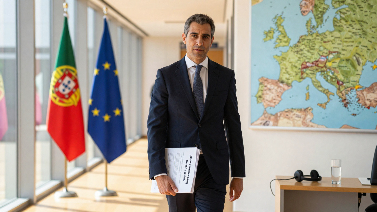 Homem de fato escuro com documento na mão, bandeiras de Portugal e Europa ao fundo, mapa na parede.