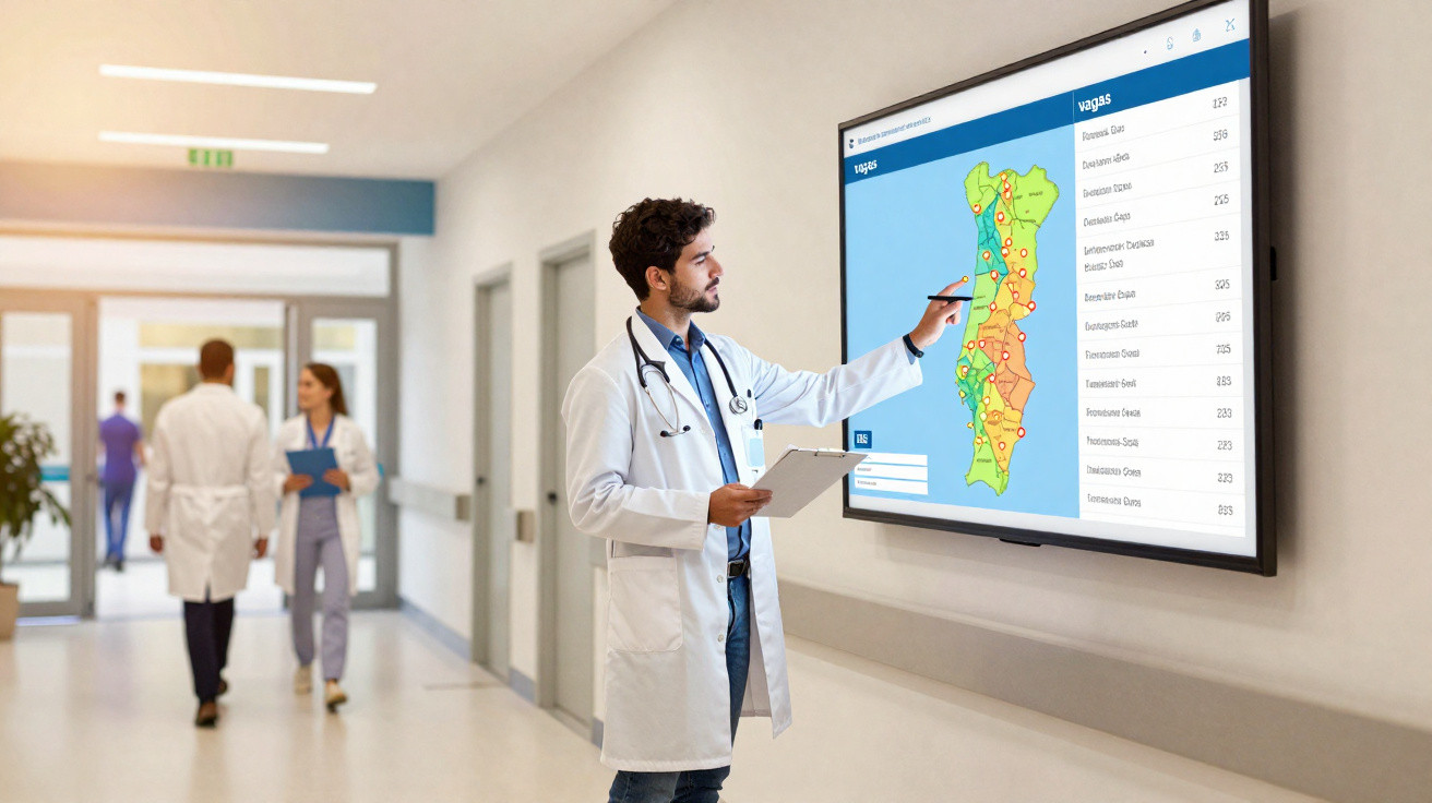 Médico com bata branca aponta para mapa digital enquanto segura prancheta num corredor hospitalar moderno.