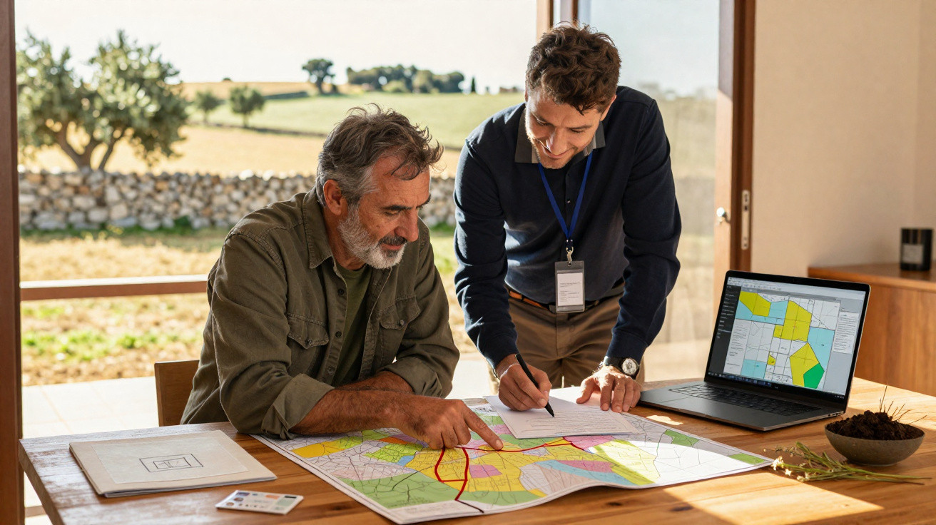 Dois homens analisam um mapa com terrenos coloridos numa mesa, com laptop aberto a mostrar o mesmo mapa.