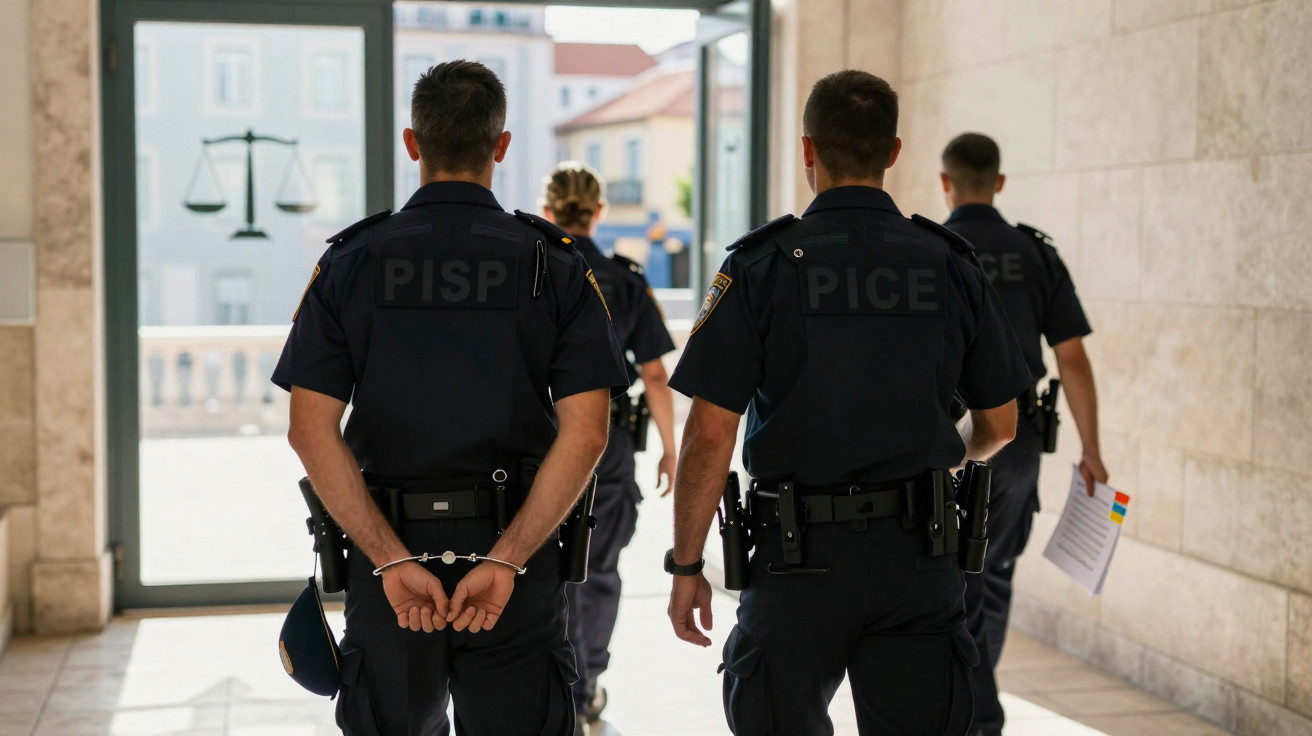 Dois polícias de costas, um deles algemado, seguidos por outros dois polícias num corredor interior.