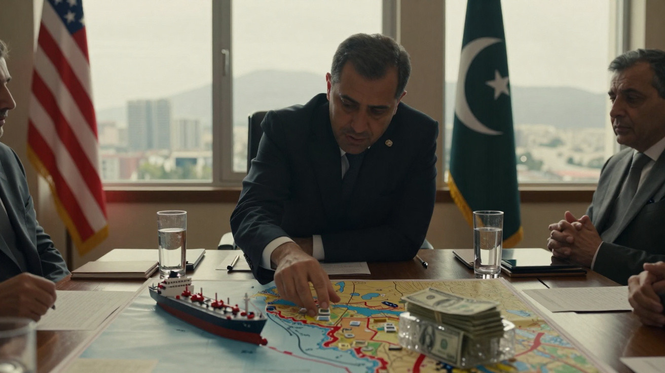 Homem de fato sentado à mesa com mapa, modelo de navio, pilha de dinheiro e bandeiras do Paquistão e EUA ao fundo.