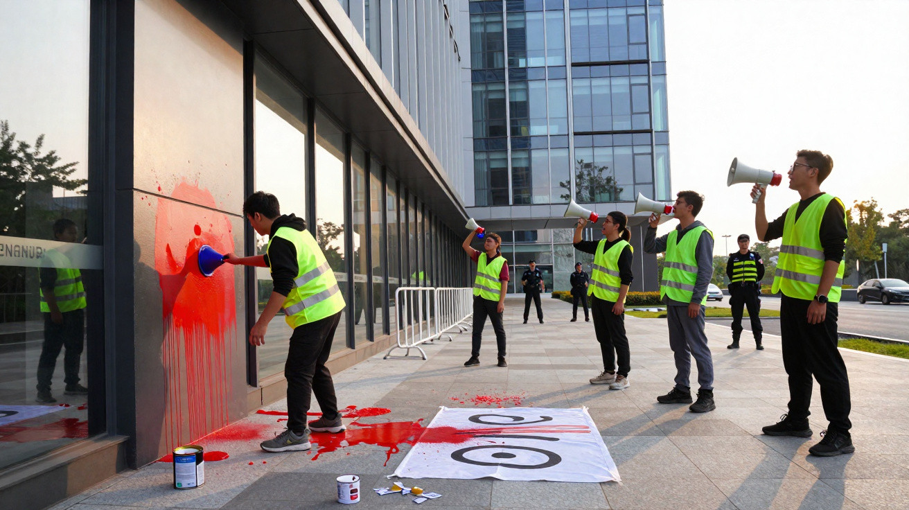 Pessoas com coletes refletivos protestam com megafones e tinta vermelha numa fachada de vidro urbana.