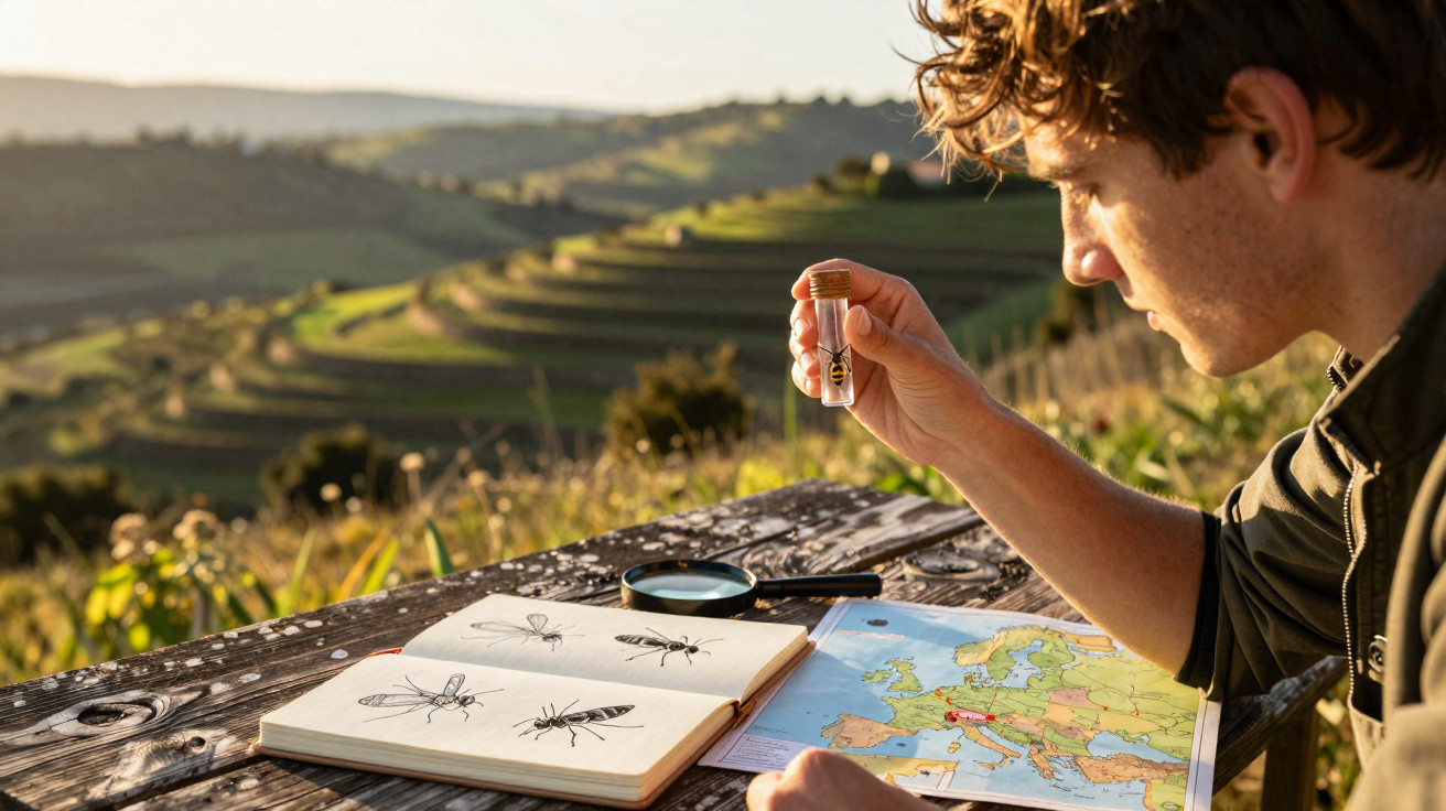 Homem a observar insecto numa ampola junto a caderno de desenhos e mapa ao ar livre com colinas ao fundo.
