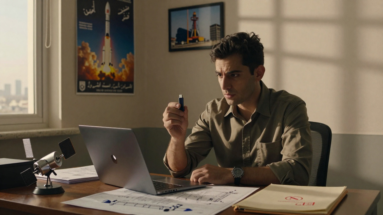Homem sério sentado numa secretária a segurar uma pen USB, com portátil aberto e desenhos técnicos à sua frente.