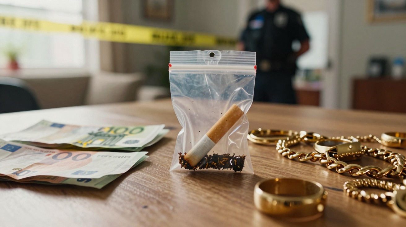 Cigarro apagado num saco de plástico junto a notas de euro e joias douradas sobre uma mesa, polícia ao fundo.
