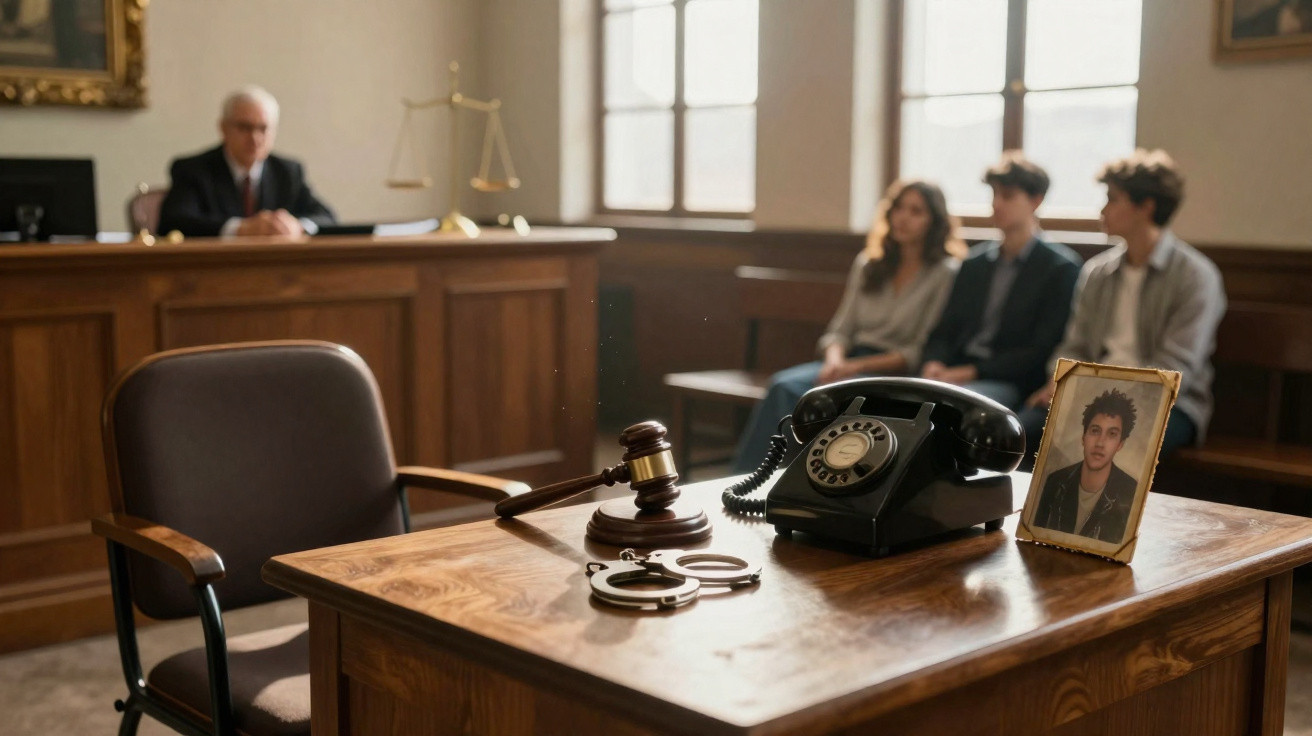 Sala de tribunal com foto de jovem, telefone, algemas e juiz ao fundo, três pessoas na bancada.