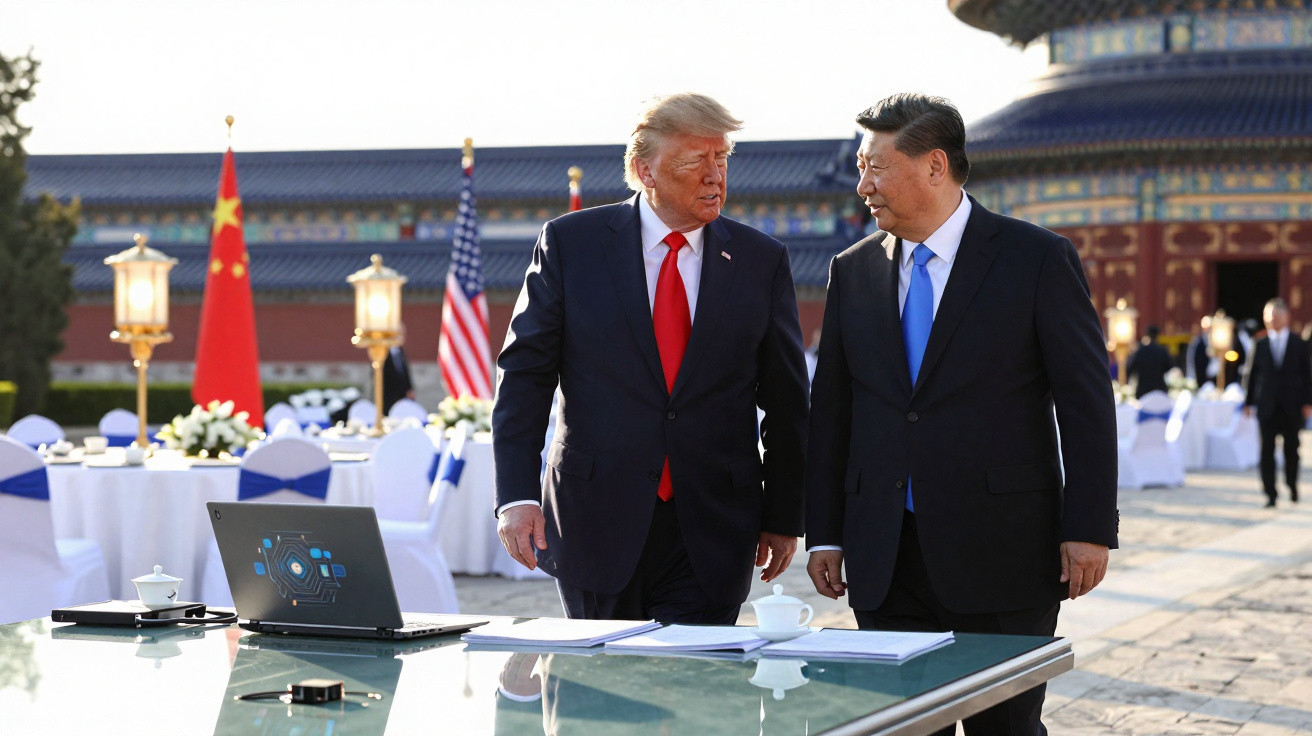 Dois homens de fato conversam em evento formal ao ar livre com bandeiras dos EUA e China ao fundo.