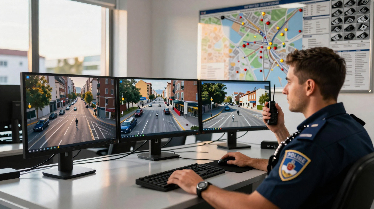 Polícia a monitorizar câmaras de segurança com vista para ruas de uma cidade em três ecrãs.
