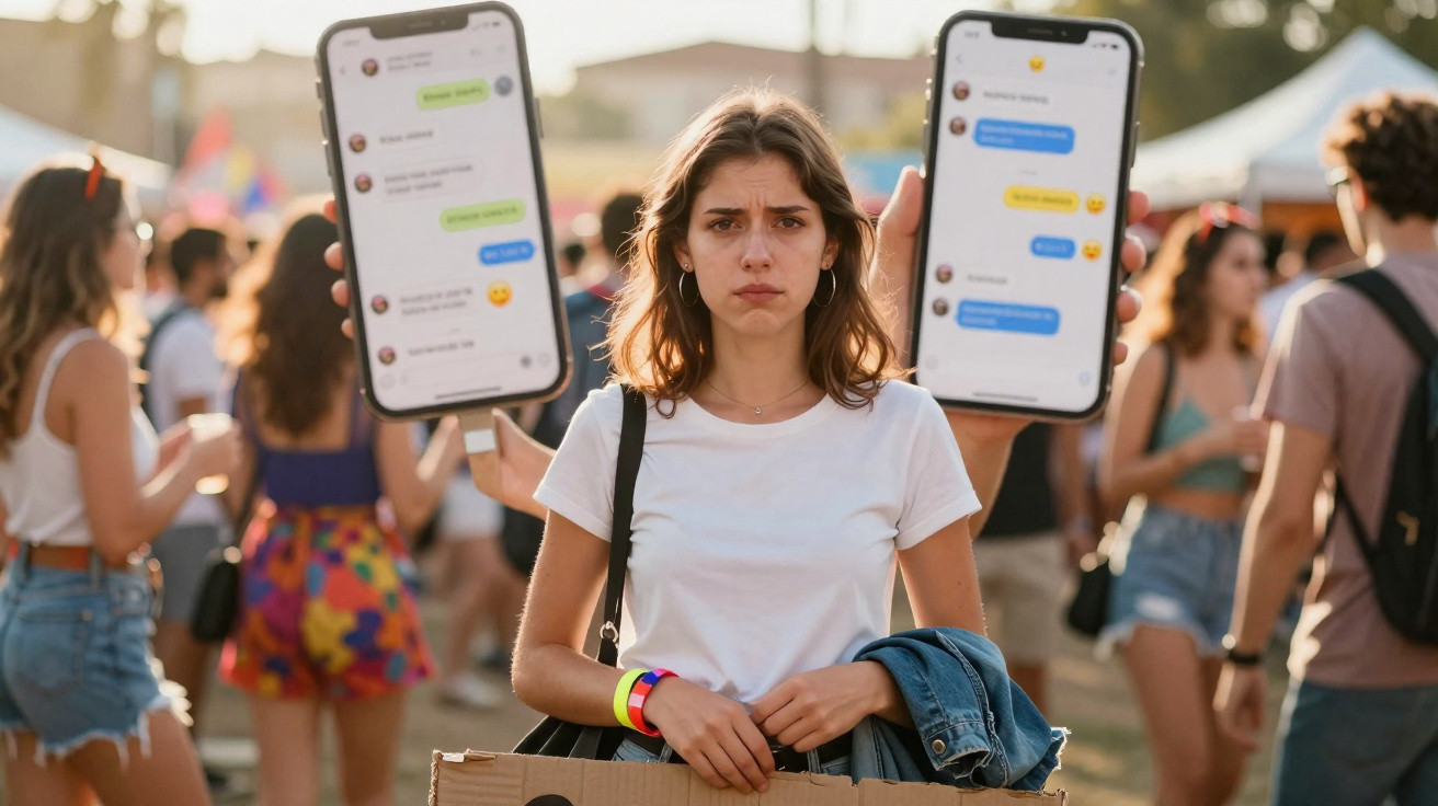 Jovem senhora com expressão triste segura cartaz enquanto pessoas seguram telemóveis grandes com mensagens de texto.