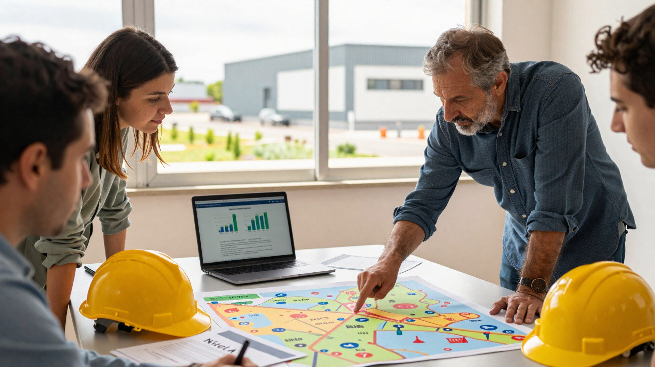 Equipa de quatro pessoas a analisar mapa com gráficos num escritório, capacetes amarelos sobre a mesa.