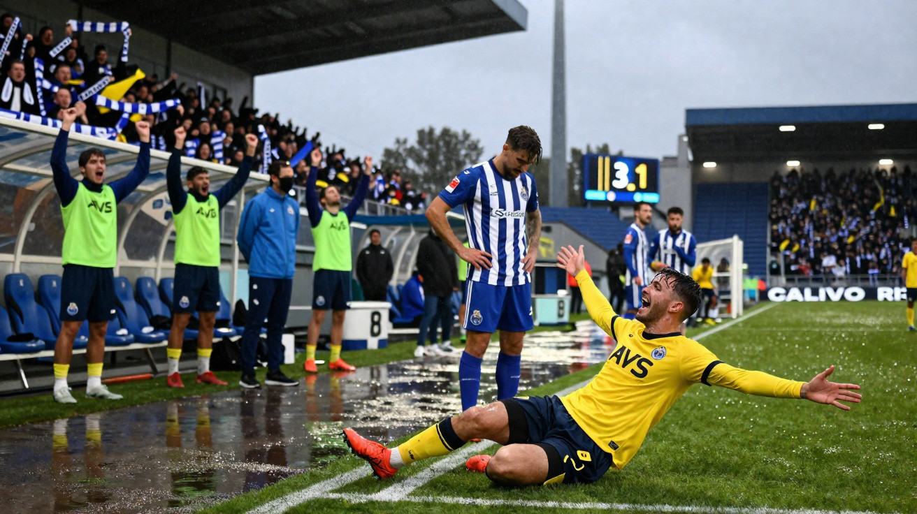 Jogador de futebol do Famalicão celebra golo deslizando no relvado com equipa e adeptos ao fundo no estádio.