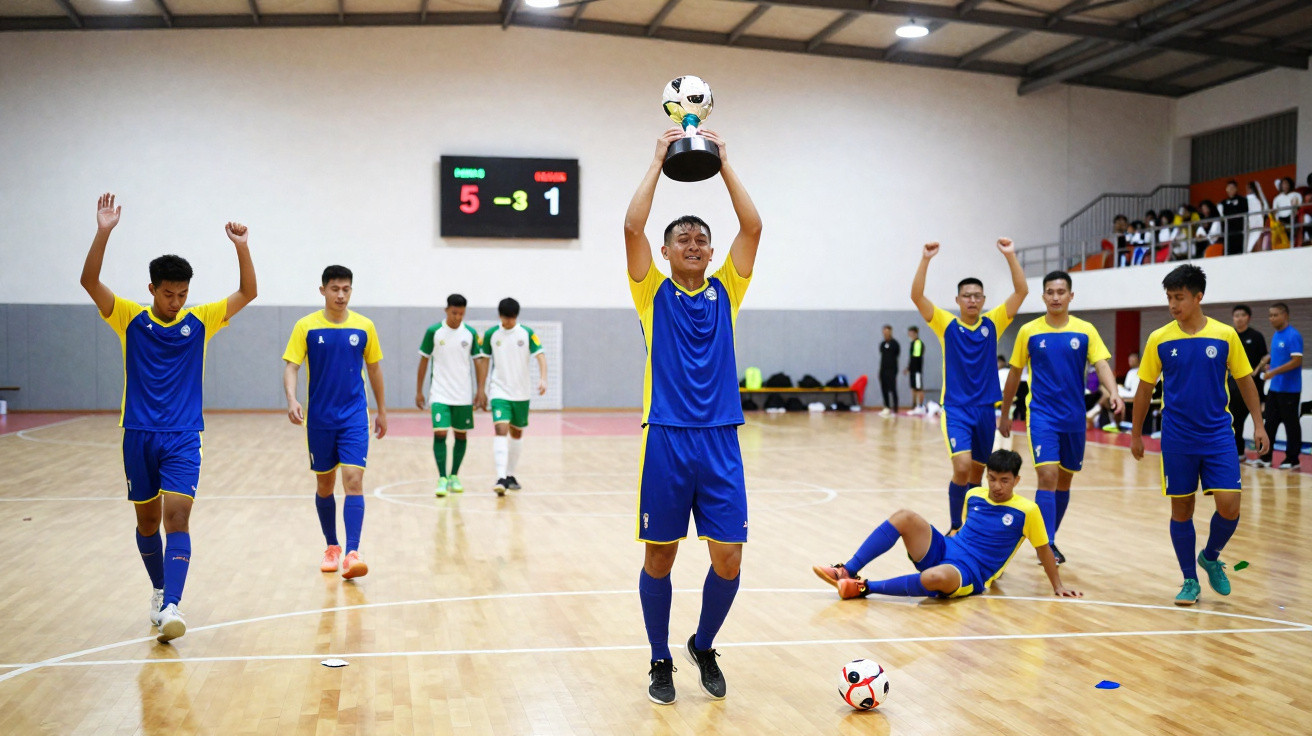 Jogador de futsal levanta troféu com equipa em campo, placar 5-1, atores com uniformes azul e verde.
