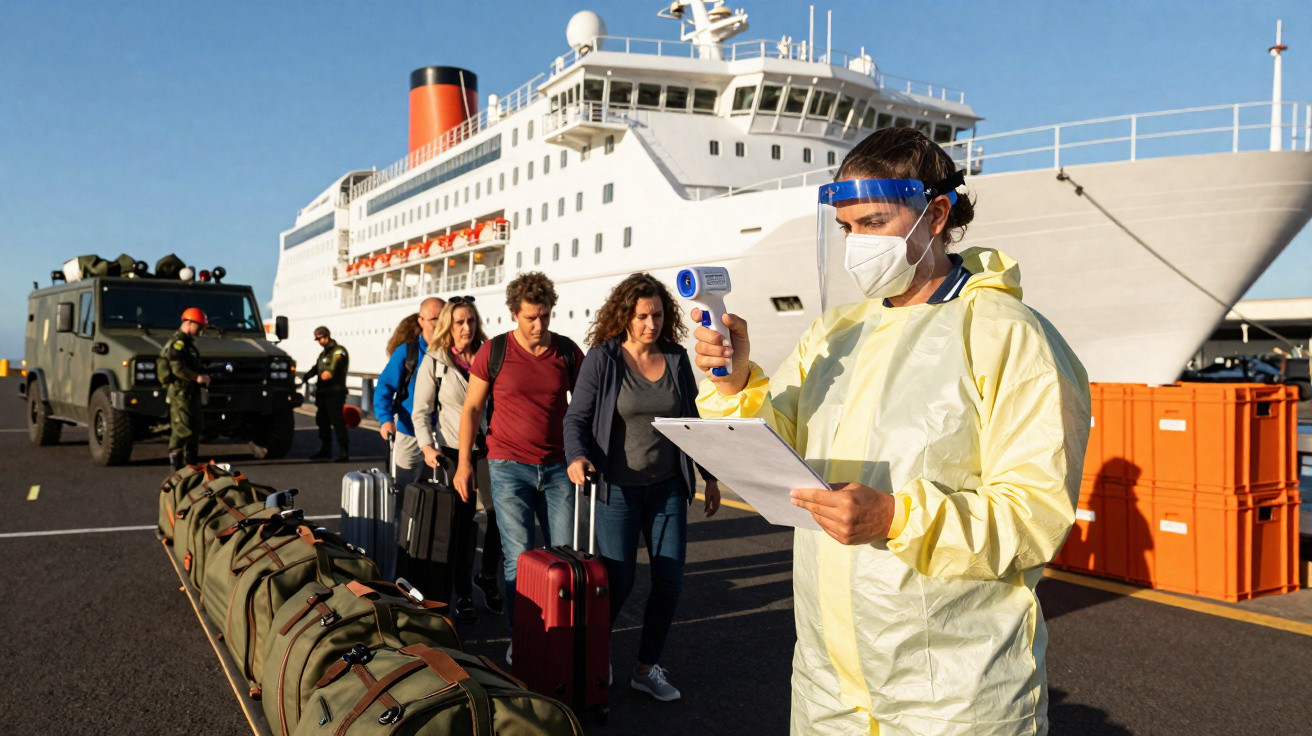 Profissional em equipamento de proteção a medir temperatura de passageiros numa fila junto a um navio de cruzeiro.