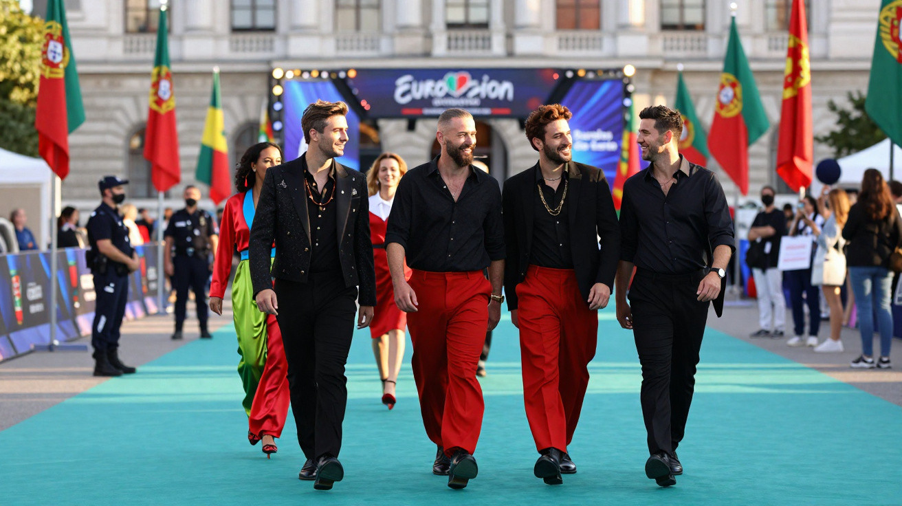 Grupo de pessoas a caminhar numa passadeira azul em evento Eurovision com bandeiras de Portugal ao fundo.