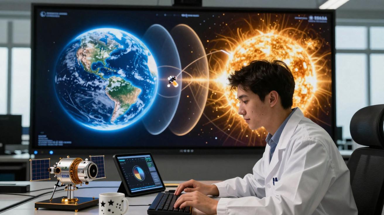 Cientista com bata branca a trabalhar num computador, com modelo espacial e representação do sol e da Terra ao fundo.