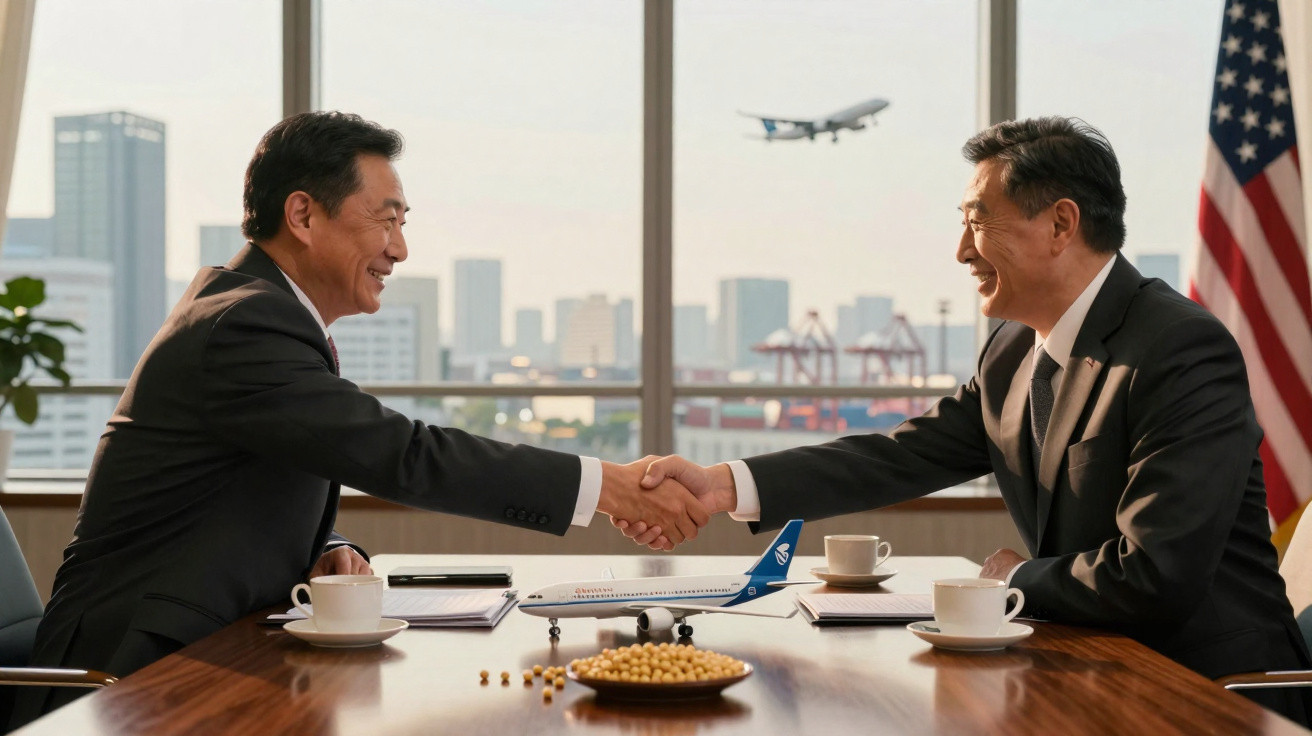 Dois homens de negócios asiáticos apertam as mãos numa reunião com modelo de avião e bandeira dos EUA ao fundo.