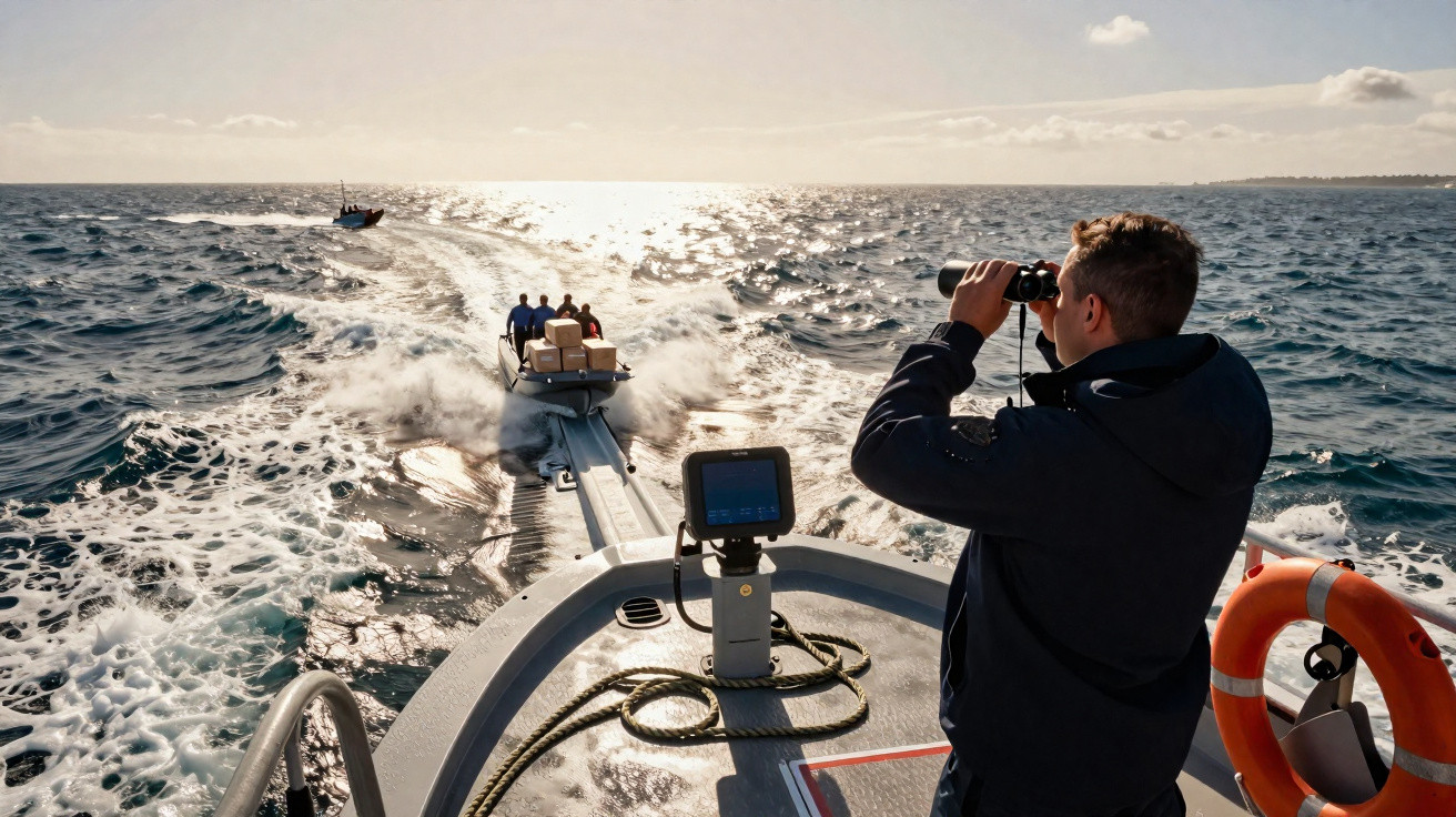 Homem com binóculos observa barcos no mar durante o dia ensolarado com mar agitado.