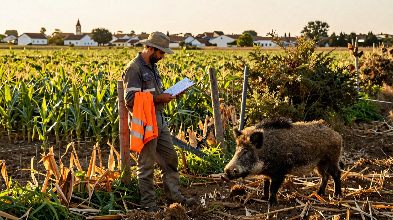 Homem com roupa de campo e chapéu escreve em bloco numa plantação perto de um javali selvagem ao pôr do sol.