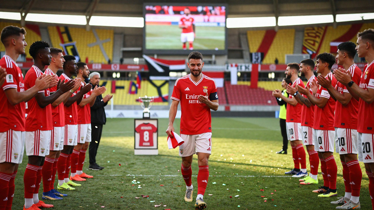 Futebolista do Benfica a ser ovacionado por colegas em campo, com camisola destacada e taça ao fundo.