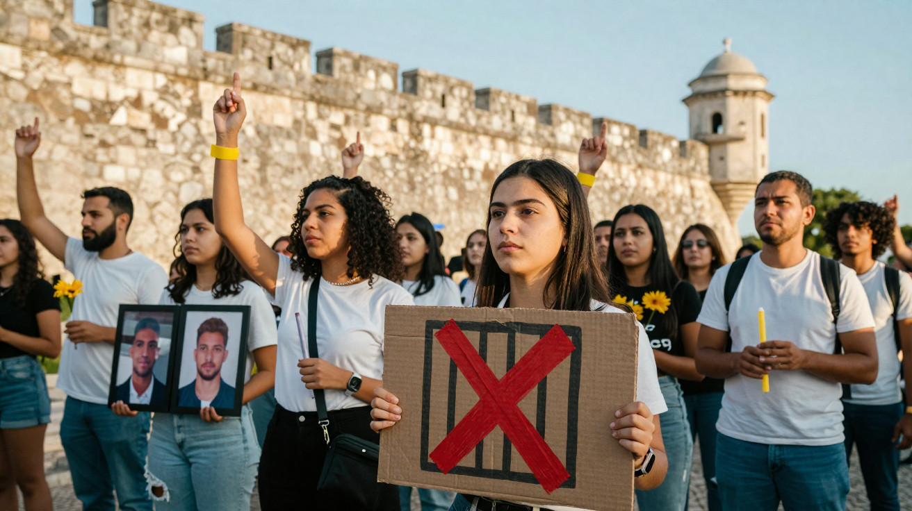 Grupo de pessoas em protesto, com placas, flores e punho erguido junto a uma muralha histórica.