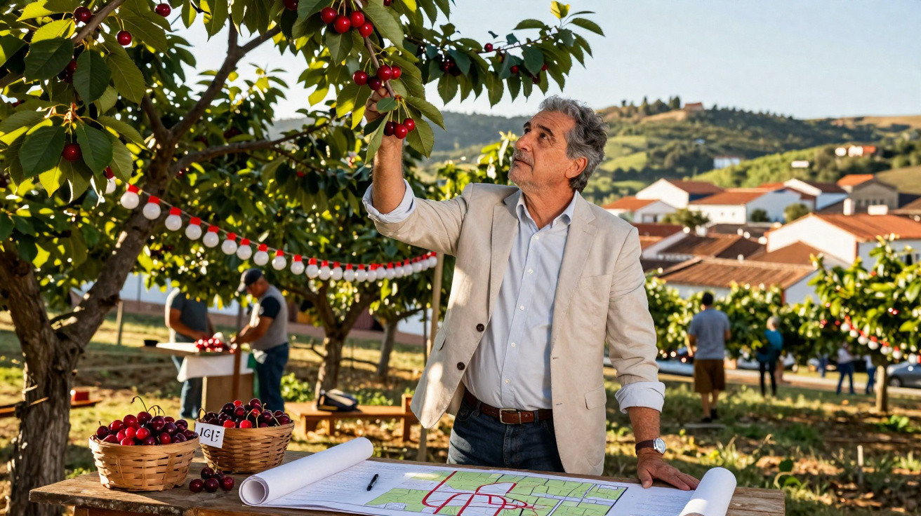 Homem verifica cerejas numa árvore, com cesta de cerejas e mapa numa mesa ao ar livre numa quinta.