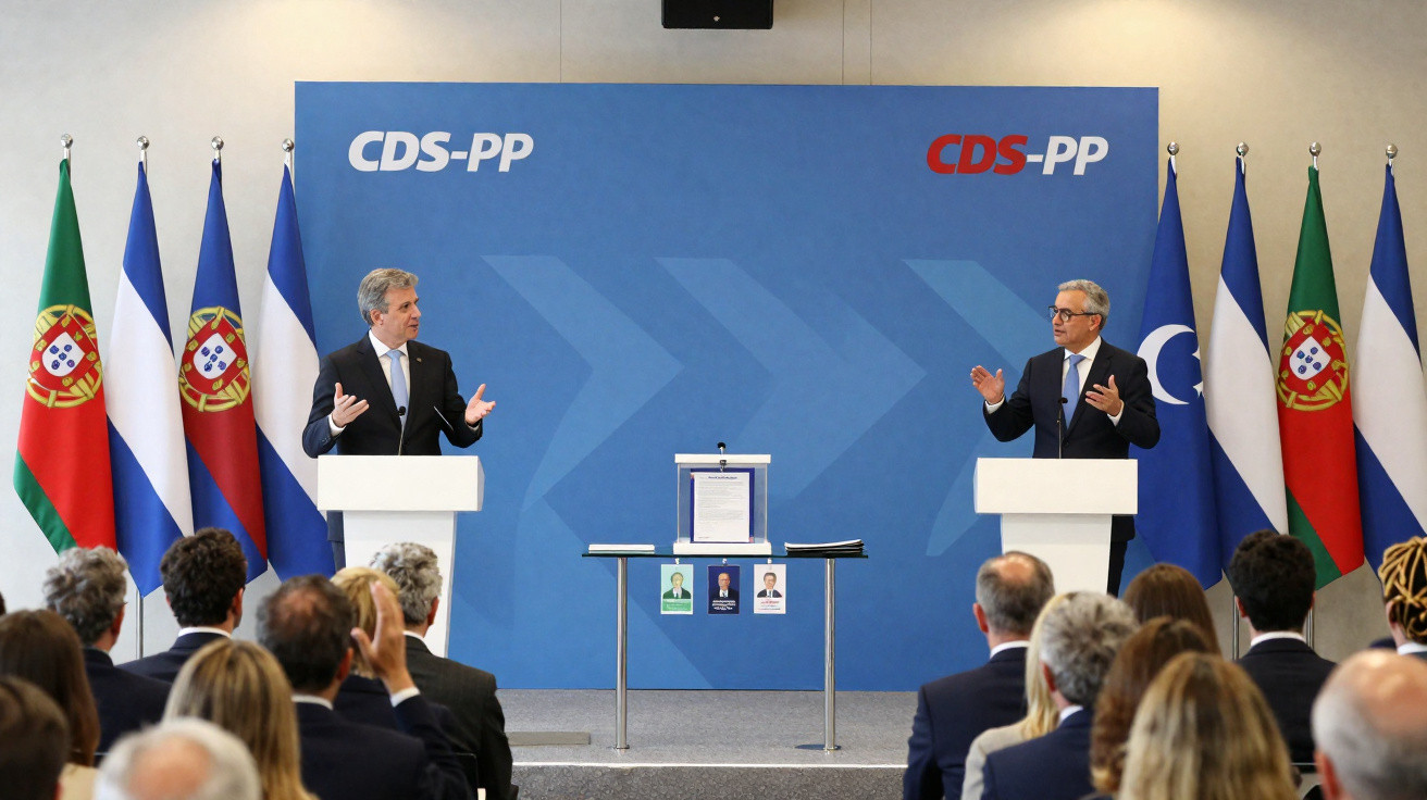 Dois homens em discurso num evento do CDS-PP com bandeiras de Portugal e outras ao fundo, perante uma audiência.