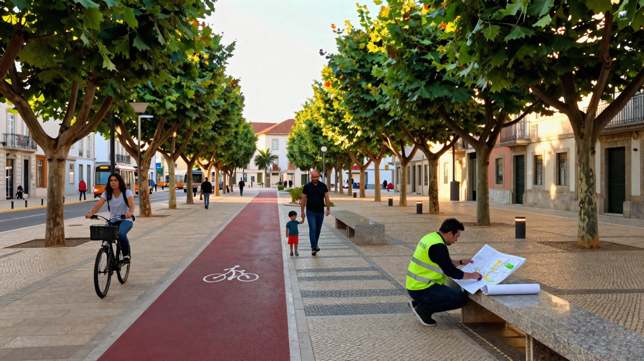 Rua com ciclovia vermelha, pessoas a caminhar e ciclista, ladeada por árvores e edifícios antigos.