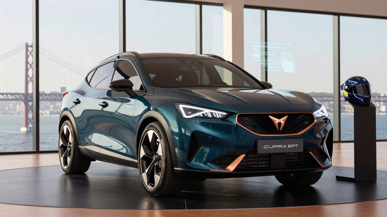 Automóvel Cupra BEV verde escuro em exposição com capacete azul, vista lateral e ponte ao fundo.