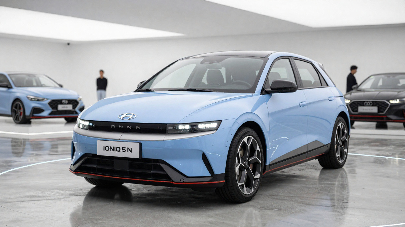 Carro elétrico Hyundai Ioniq 5 N azul exibido em salão de automóveis moderno e minimalista.