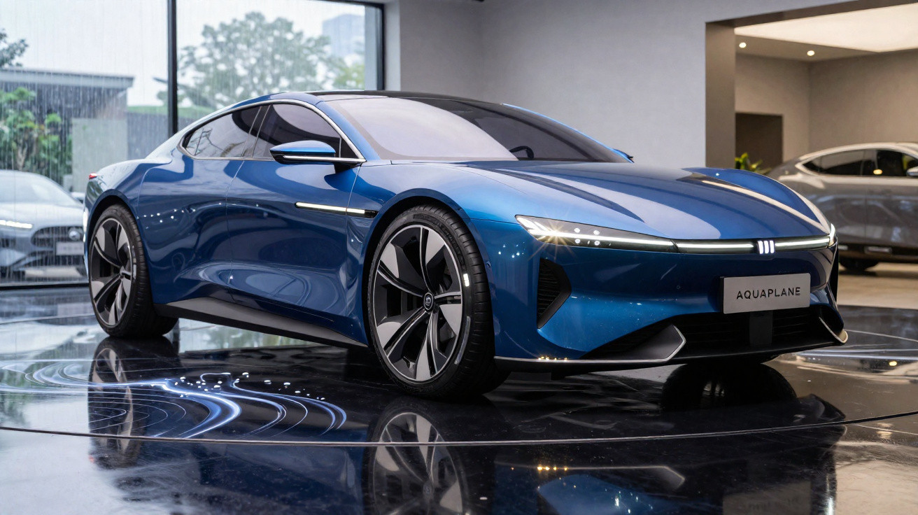 Carro desportivo elétrico azul em exposição moderna com design aerodinâmico e jantes grandes.