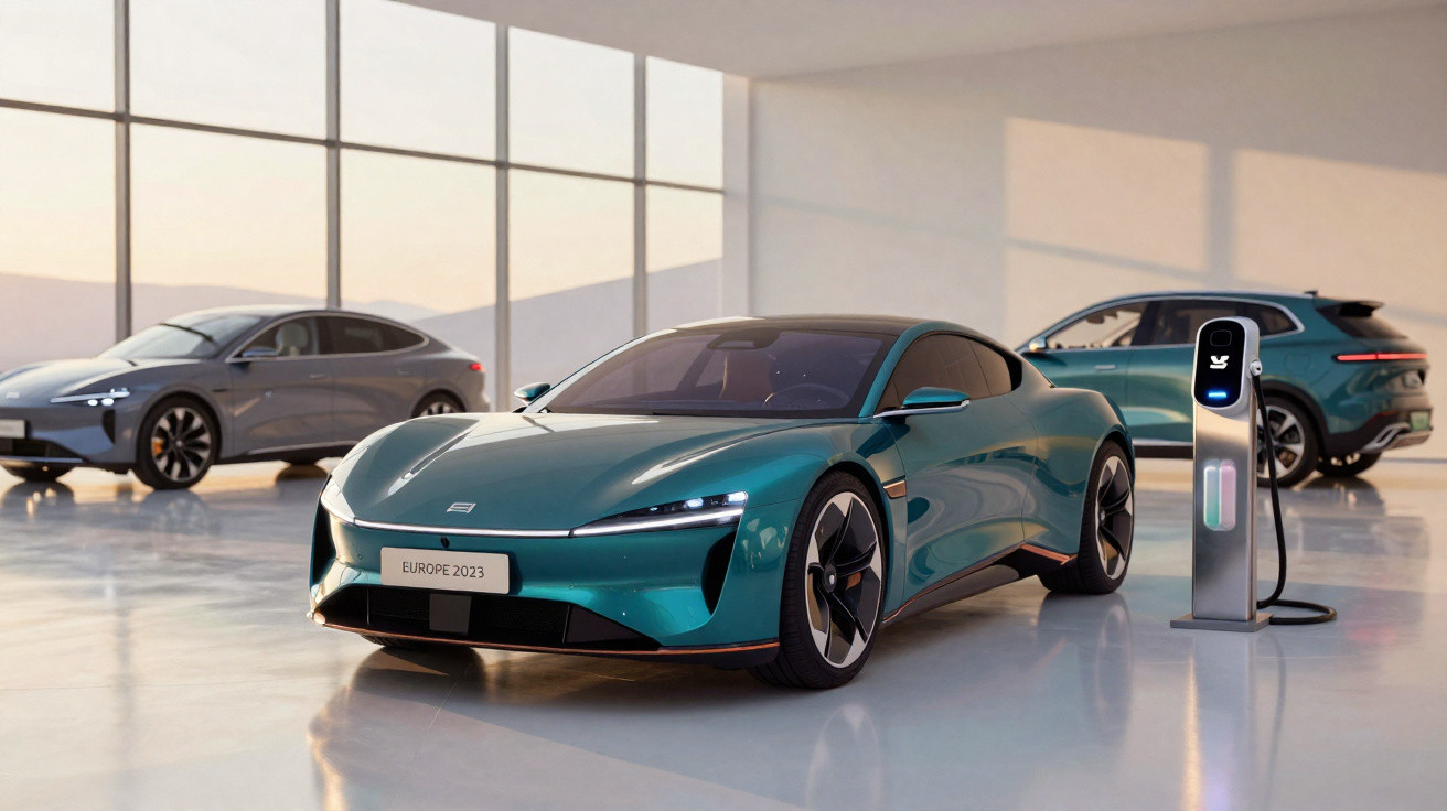 Conjunto de três carros elétricos modernos em espaço interior amplo e minimalista com estação de carregamento.