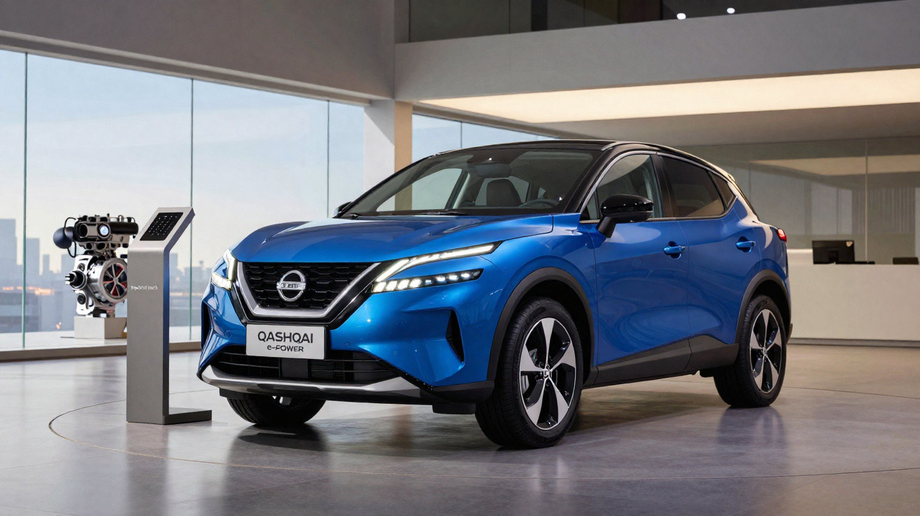 Carro azul Nissan Qashqai e-Power estacionado numa sala moderna com grandes janelas e motor exposto.