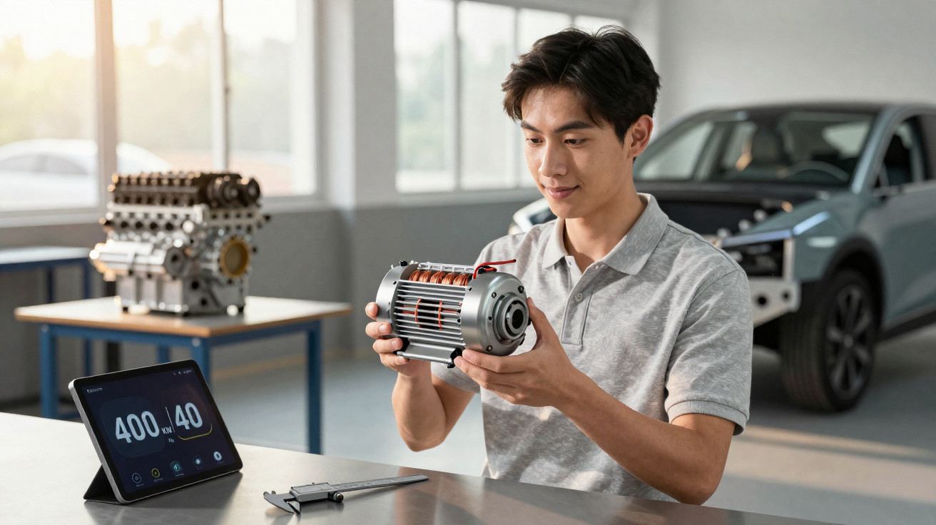 Homem a inspecionar motor elétrico numa oficina com automóvel e ecrã digital ao fundo.