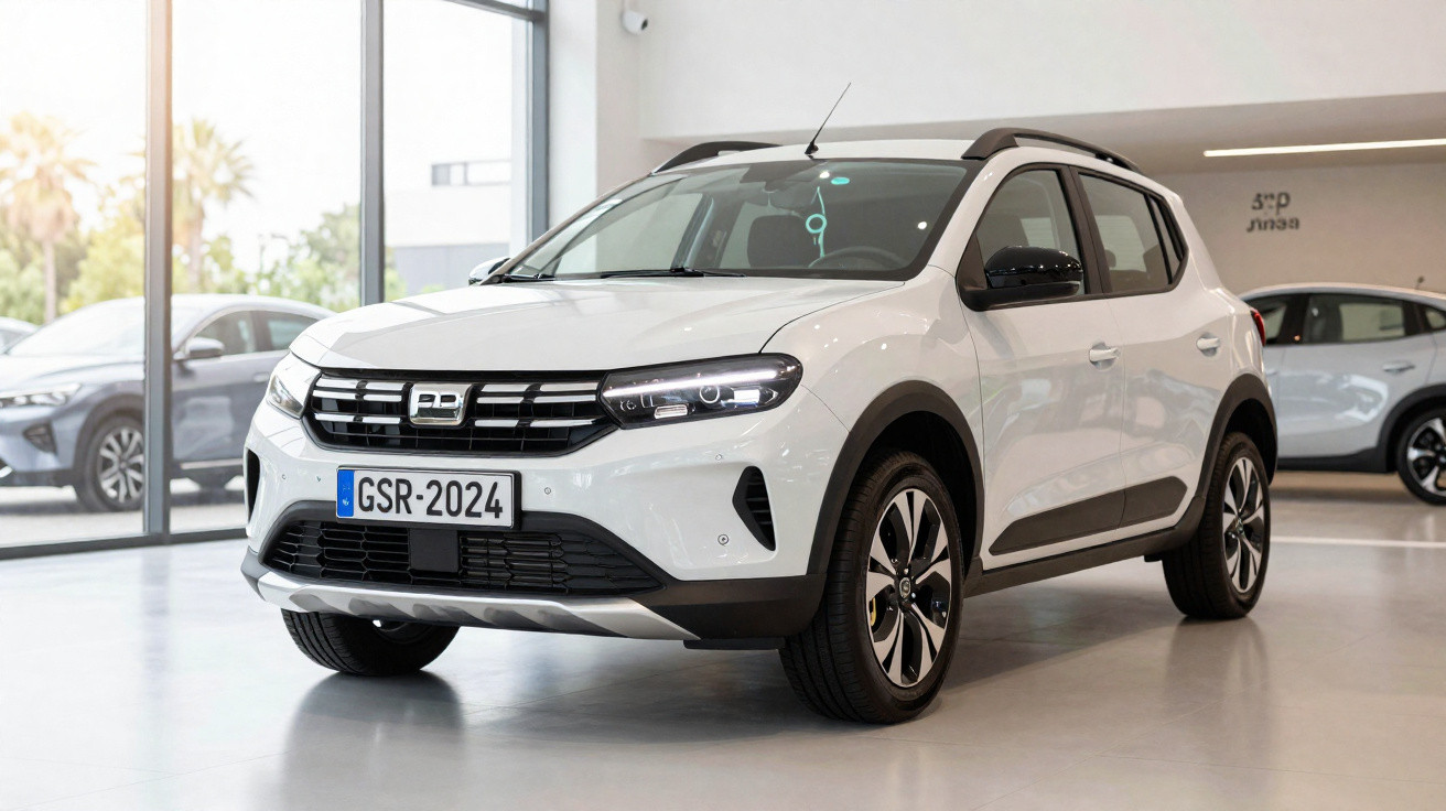 Carro elétrico branco em exposição numa sala moderna com janelas grandes e luz natural.