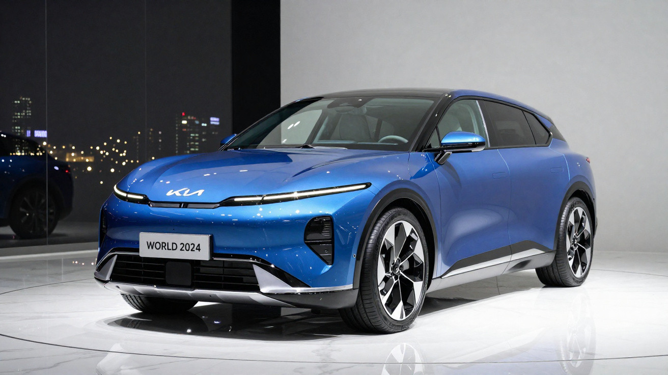 Carro elétrico azul da Kia modelo World 2024, em exibição em ambiente interior moderno.