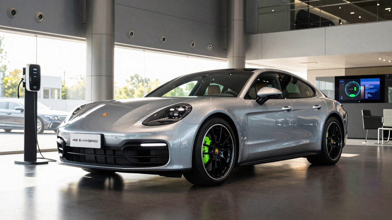 Carro elétrico híbrido Porsche 4S e-Hybrid prateado numa garagem com carregador ligado.